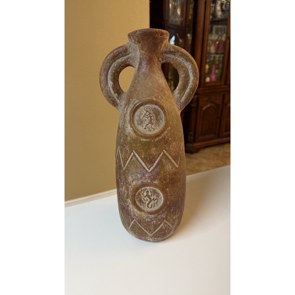 Vintage Clay Pot‎ Pottery Cocopelli And Lizard Medallions Amphora Jug